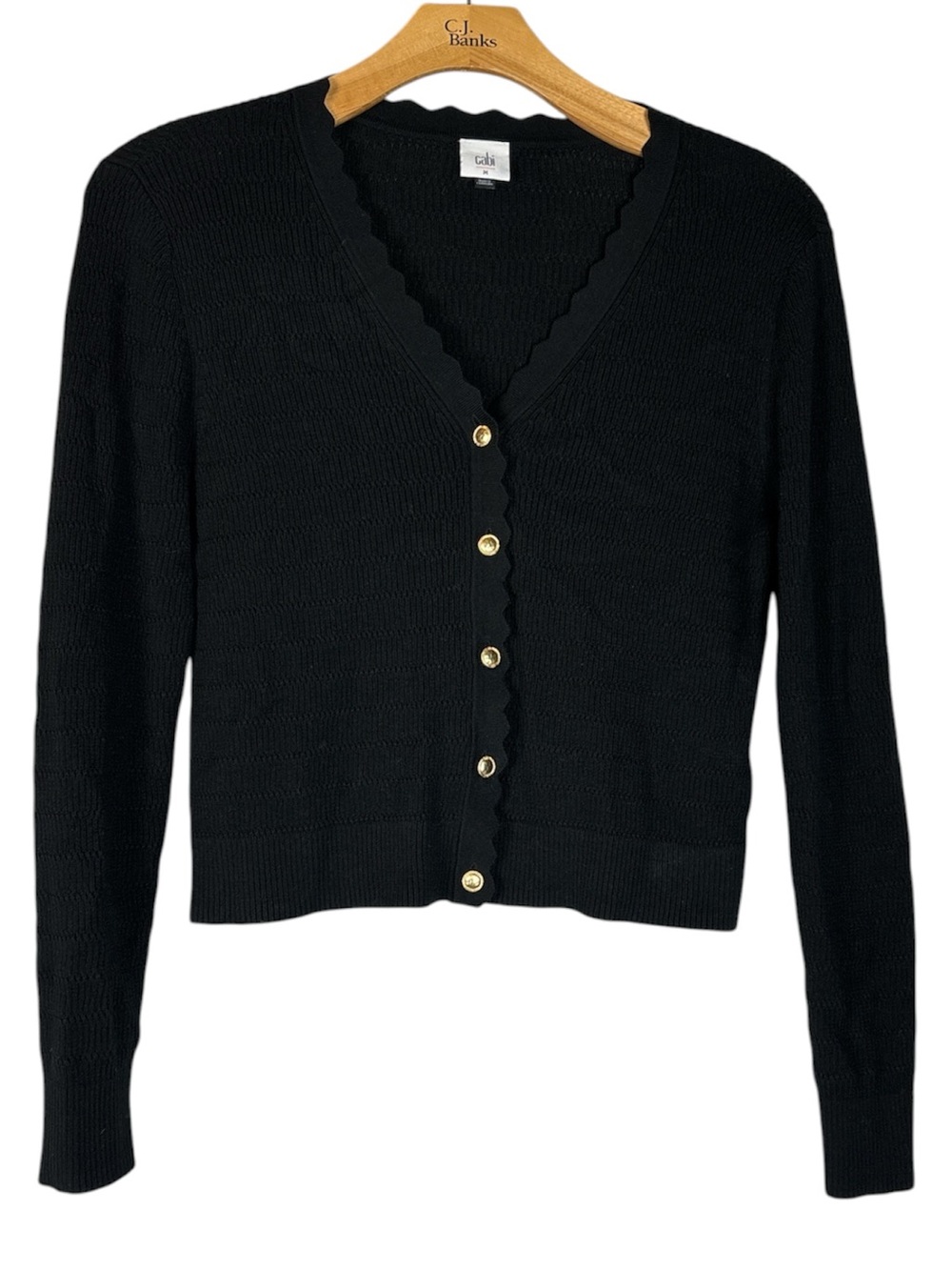 Cabi Treasure Black Scallop-Edge Gold Button Cardigan Size Medium